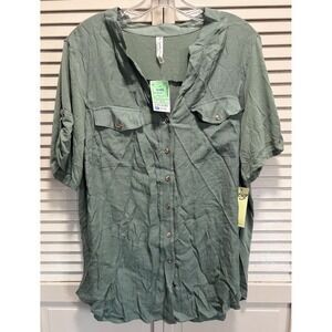 Per Seption Olive Green Blouse Size 2XL Button Up Front Pockets NWT Short Tab Sl